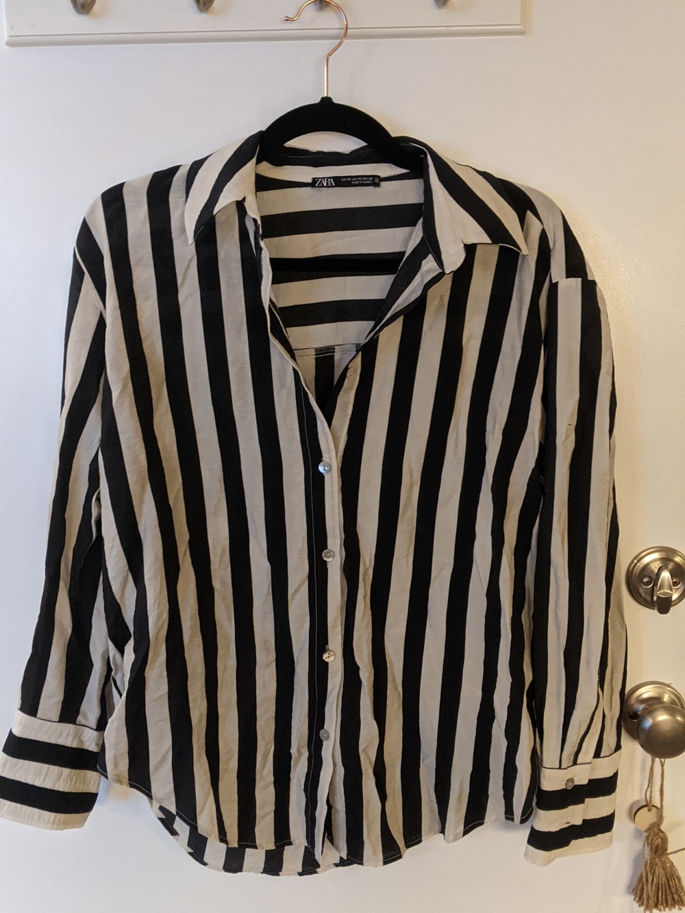 Zara Black and Cream Vertical Stripe Button-Up Shirt
